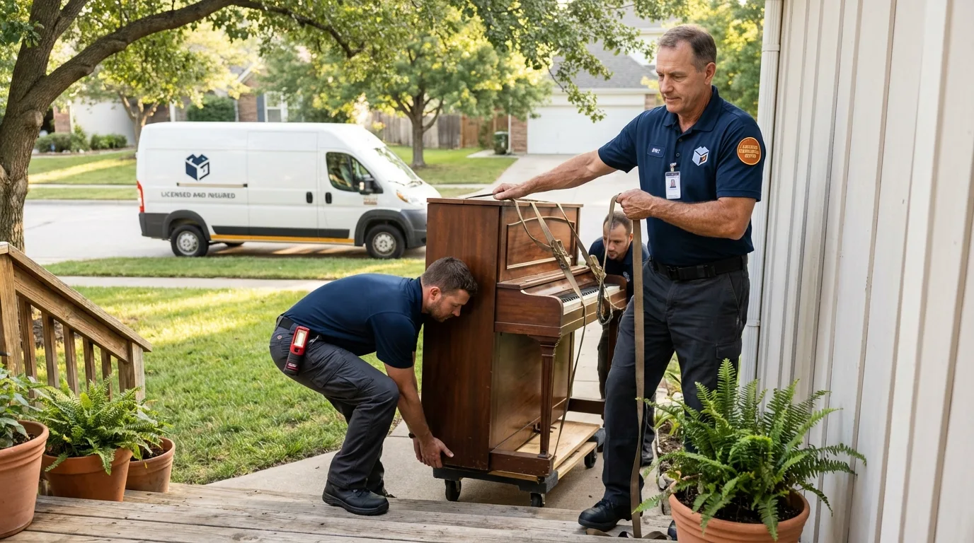 Licensed piano movers securing grand piano in Upper Lake, CA