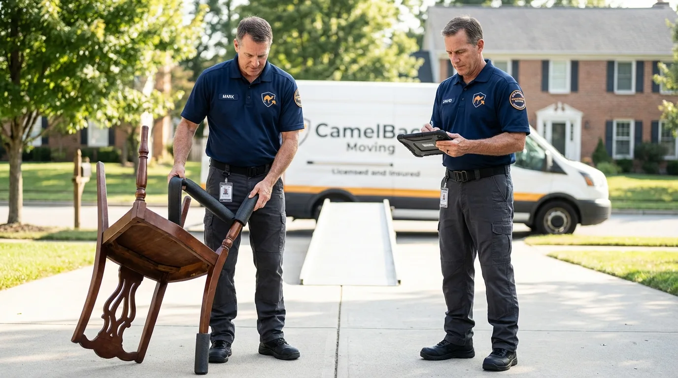 Movers inspecting furniture for damage prevention before loading in Upper Lake, CA
