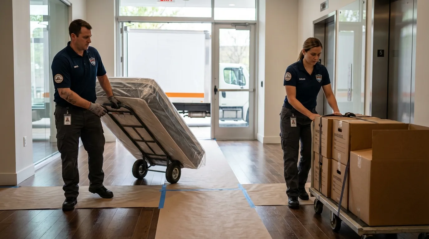Professional apartment movers loading elevator in Upper Lake, CA